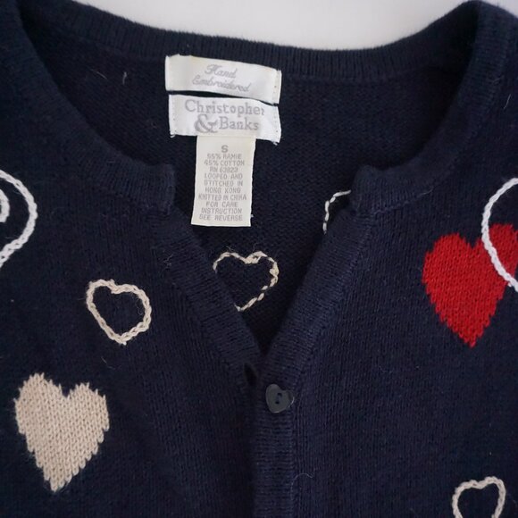 Vintage Christopher & Banks Navy Heart Button Front Knit Short Sleeve Cardigan S - Picture 9 of 10